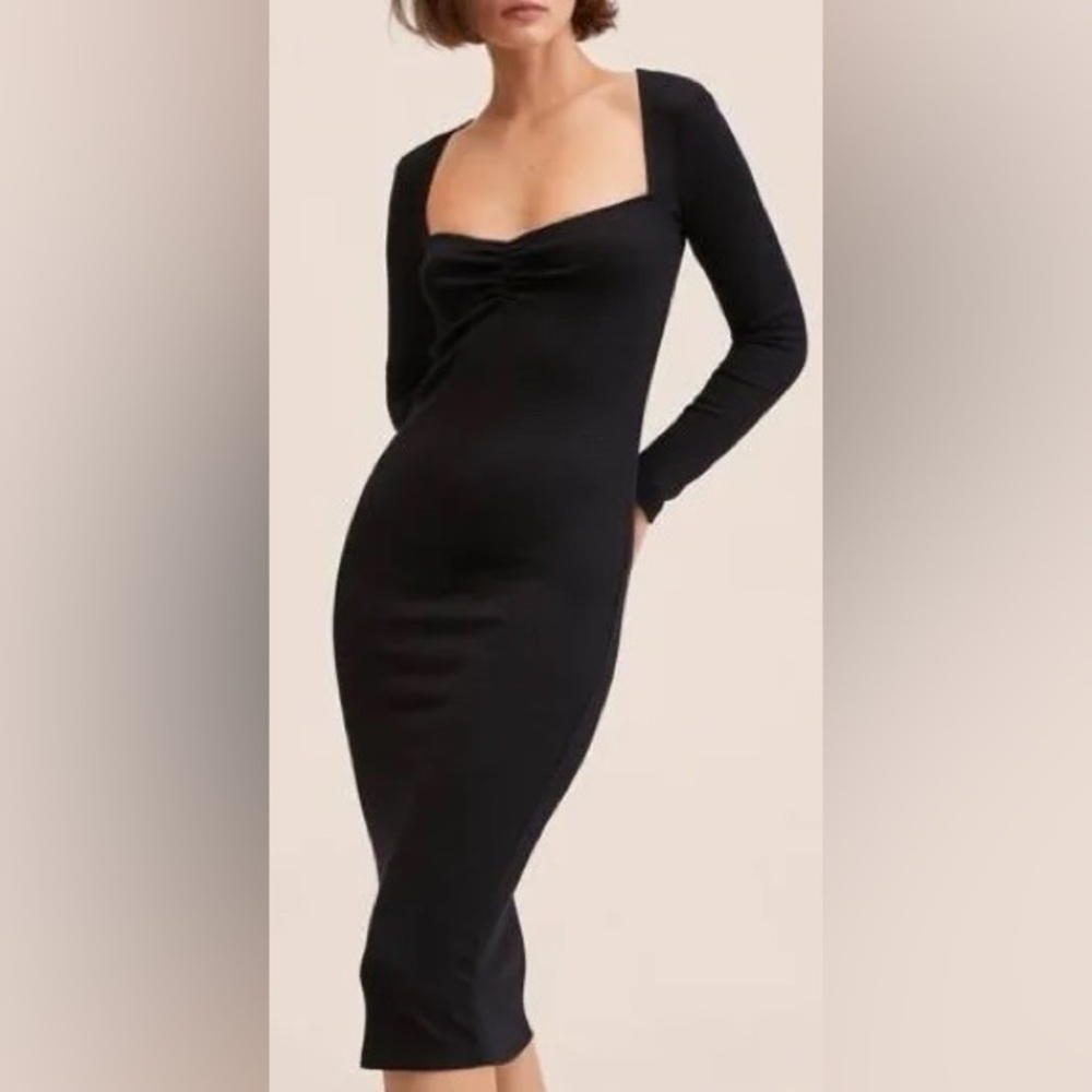 Mango Sweetheart Square Neckline Bodycon Black Long Sleeve Dress